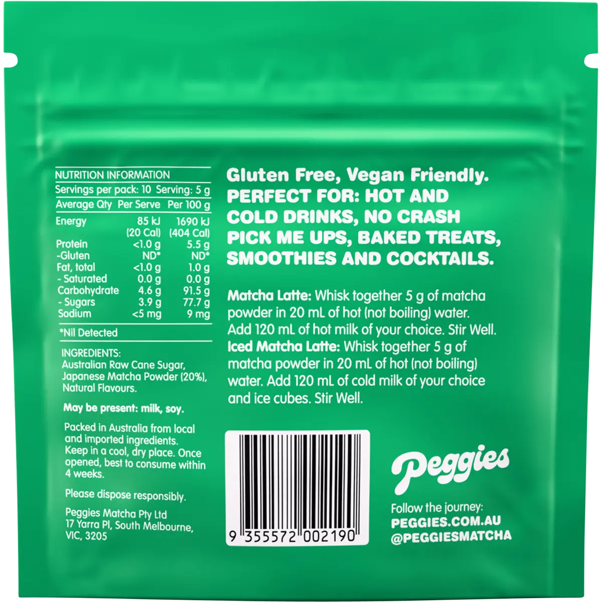 Peggies Matcha Strawberry 50g — back pack image (UHP)
