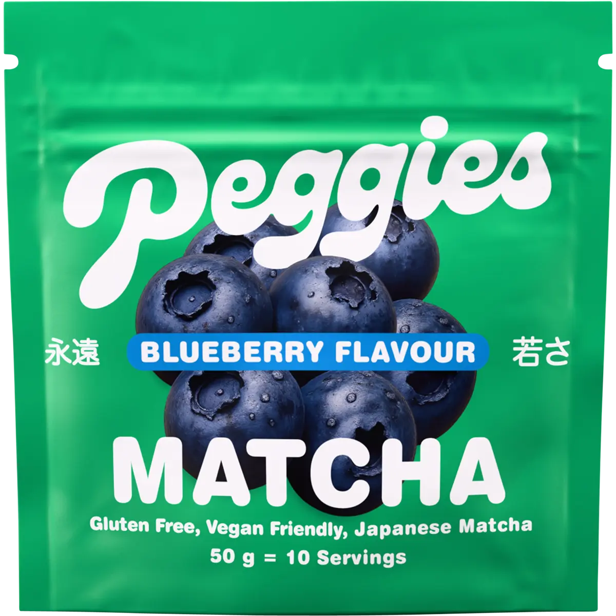 Peggies Matcha Blueberry 50g — front pack image (UHP)