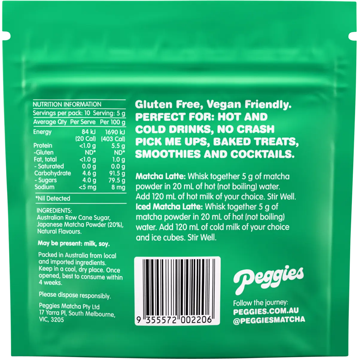 Peggies Matcha Blueberry 50g — back pack image (UHP)