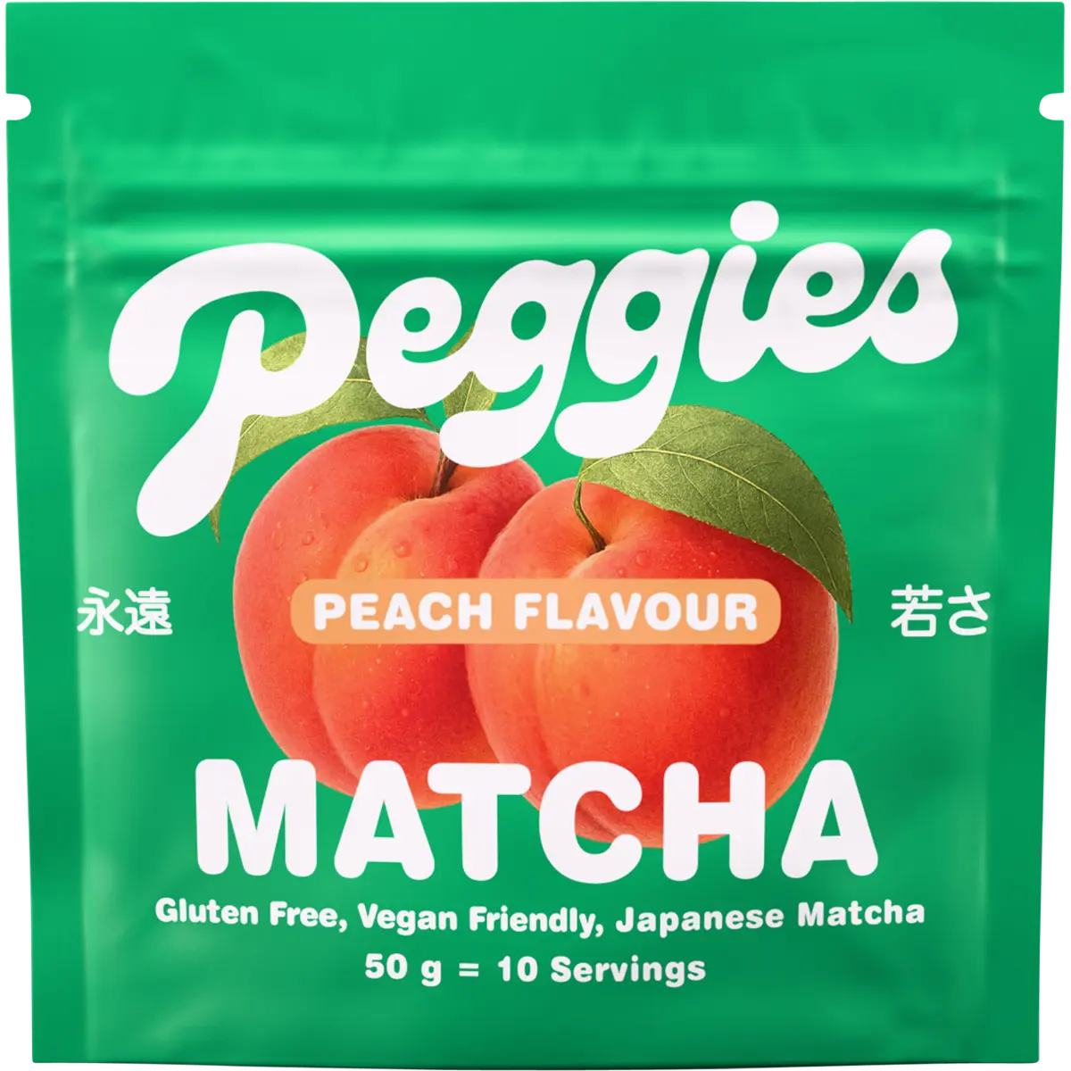 Peggies Matcha Peach 50g — front pack image (UHP)