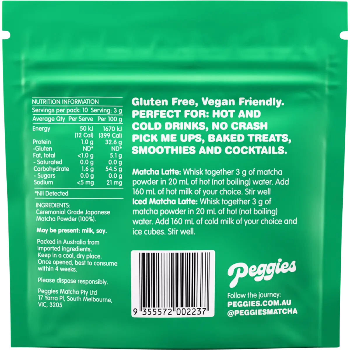 Peggies Matcha Ceremonial Grade 30g — back pack image (UHP)