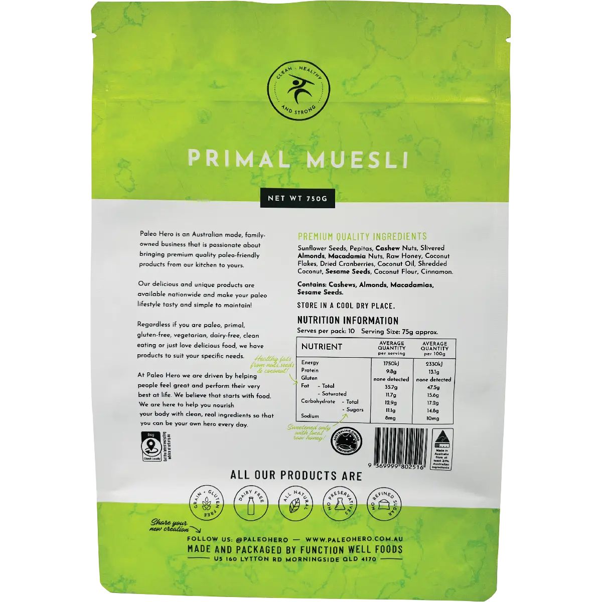 Paleo Hero Primal Muesli 750g — back pack image (UHP)