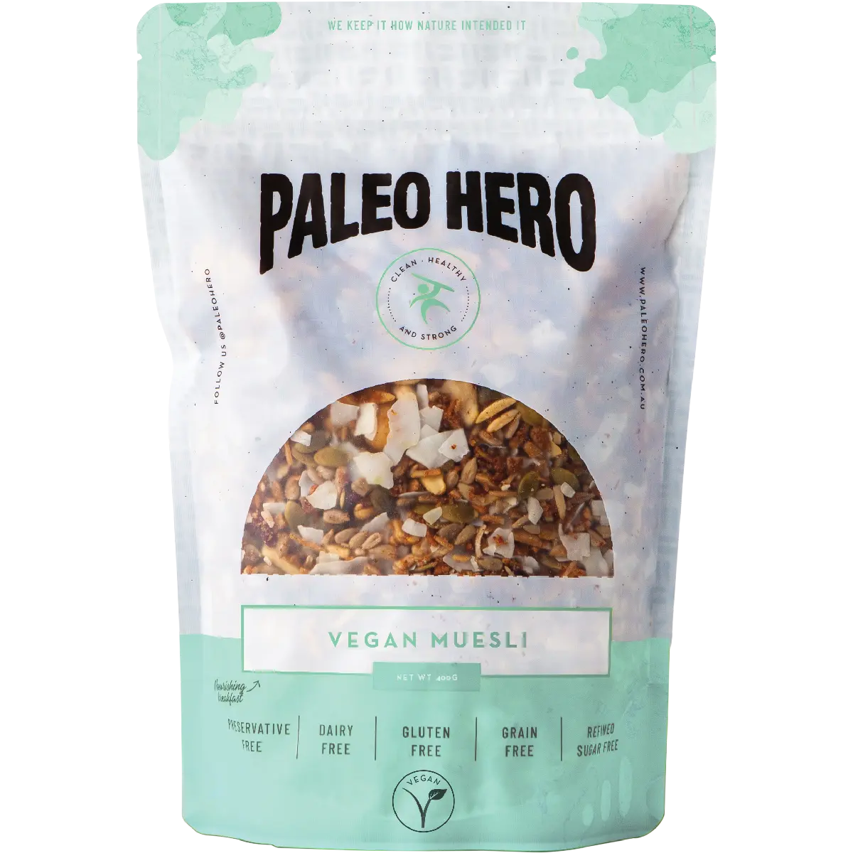 Paleo Hero Vegan Muesli 400g — front pack image (UHP)