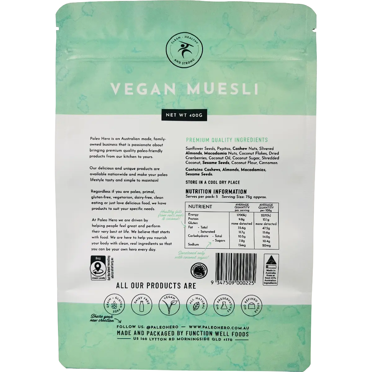 Paleo Hero Vegan Muesli 400g — back pack image (UHP)