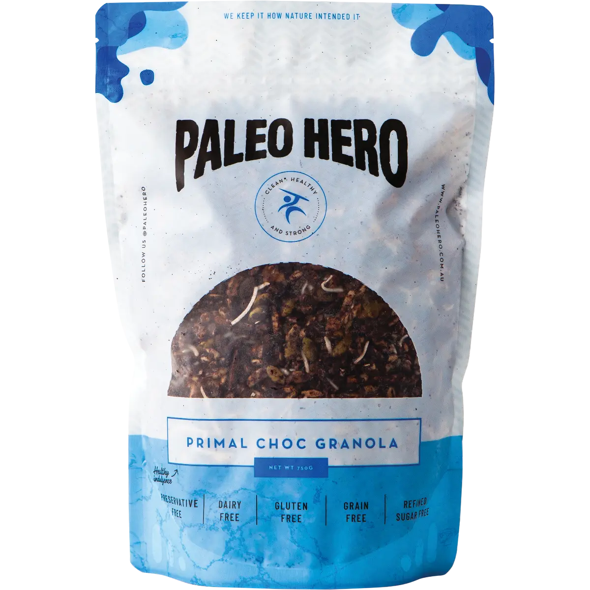 Paleo Hero Primal Choc Granola 750g — front pack image (UHP)