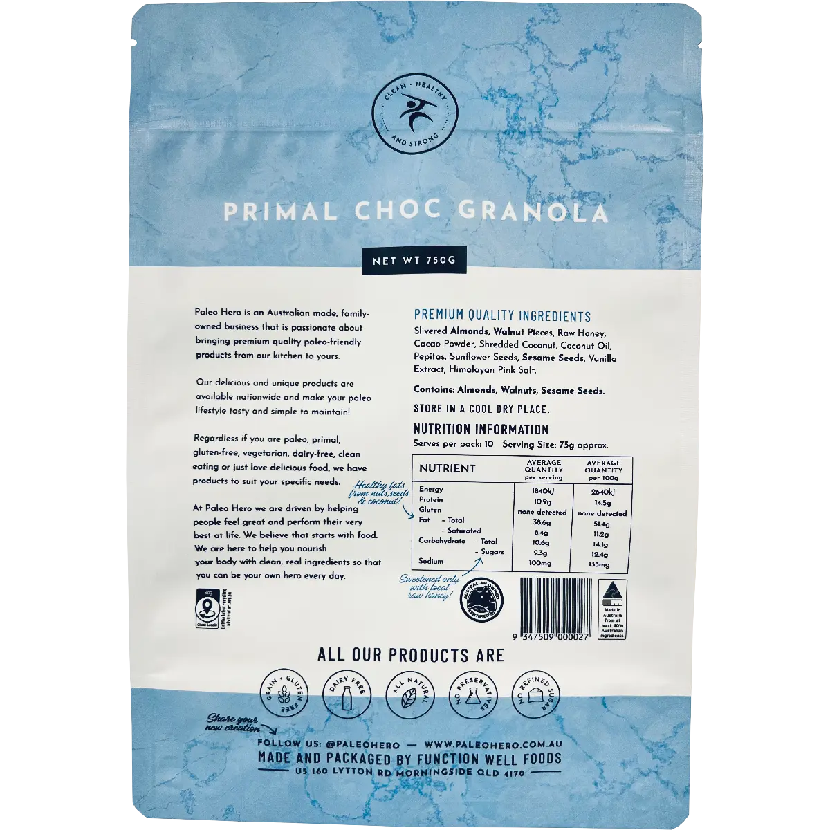 Paleo Hero Primal Choc Granola 750g — back pack image (UHP)