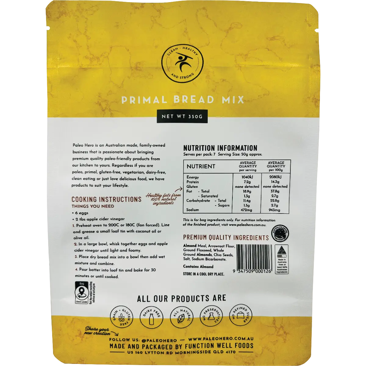 Paleo Hero Primal Bread Mix 350g — back pack image (UHP)