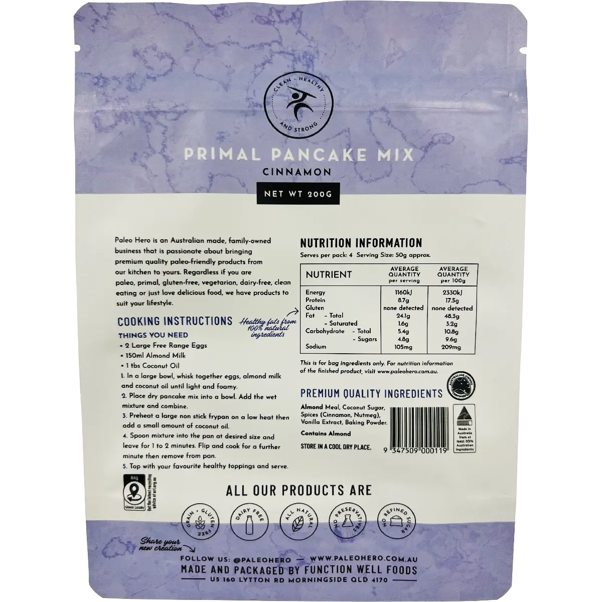 Paleo Hero Primal Pancake Mix Cinnamon 200g — back pack image (UHP)