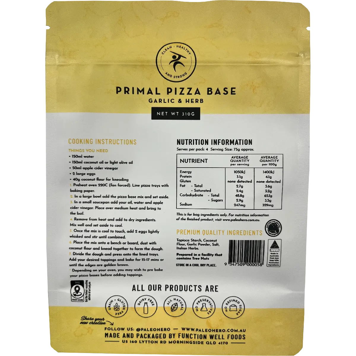 Paleo Hero Primal Mix Pizza Base Garlic and Herb 310g — back pack image (UHP)