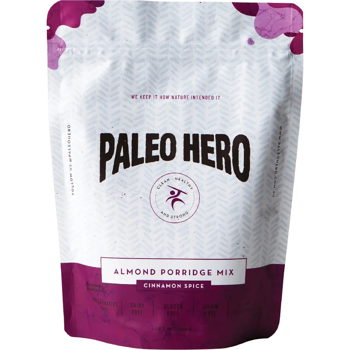 Paleo Hero Primal Almond Porridge Mix Cinnamon Spice 250g — front pack image (UHP)