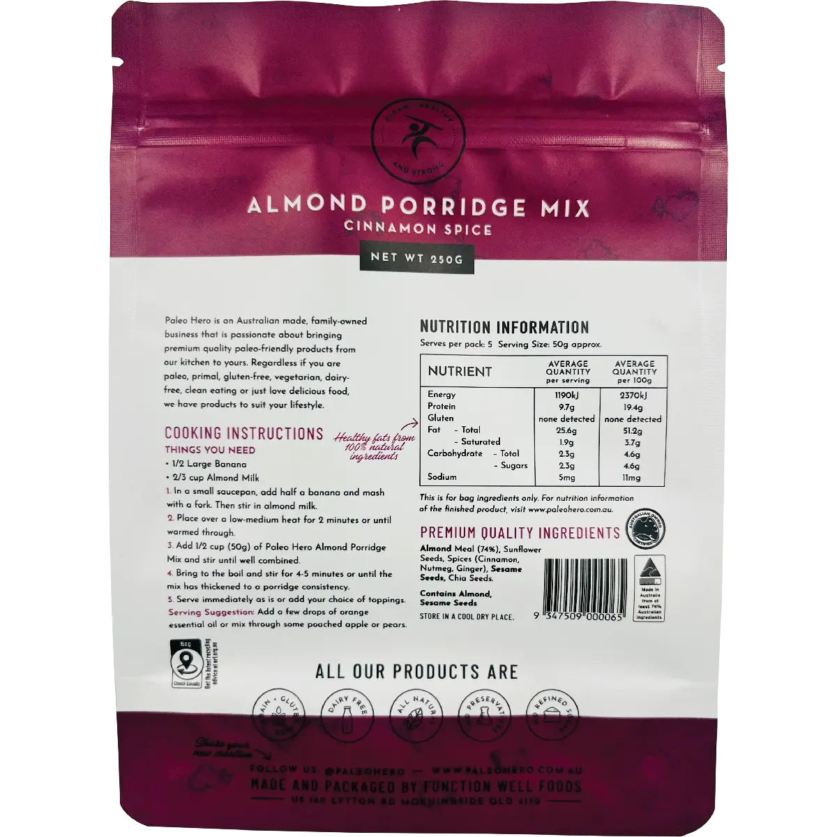 Paleo Hero Primal Almond Porridge Mix Cinnamon Spice 250g — back pack image (UHP)
