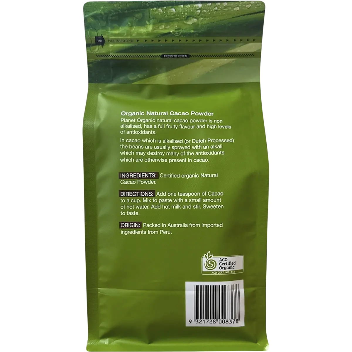 Planet Organic Certified Organic Cacao Powder 500g — back pack image (UHP)