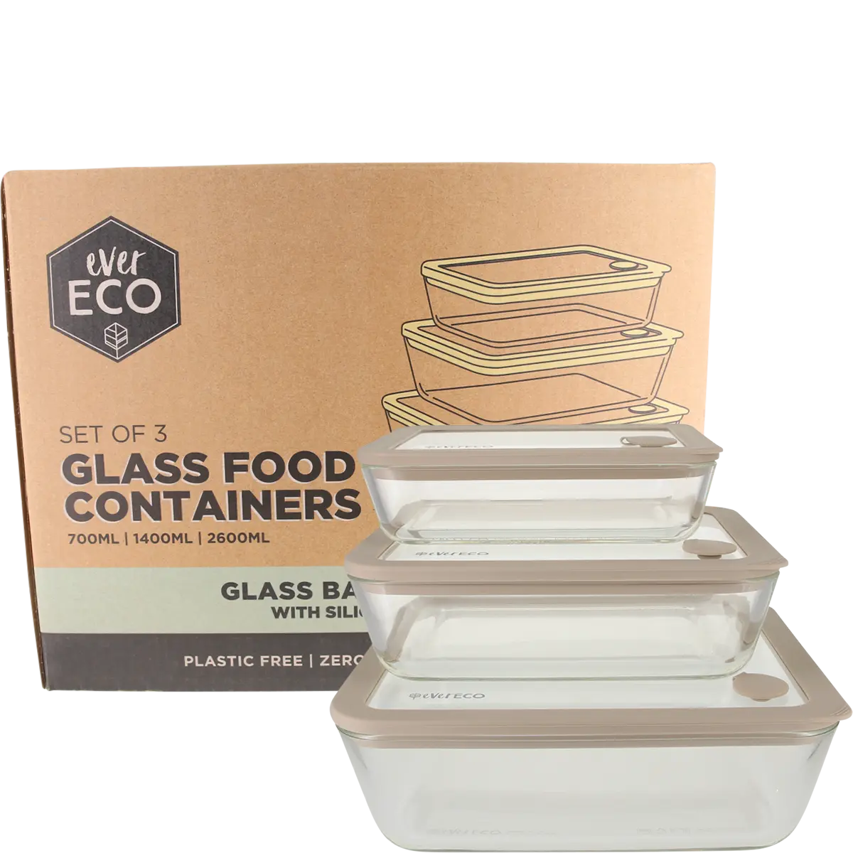 Ever Eco Glass Food Containers Oatmeal 3pk — front pack image (UHP)
