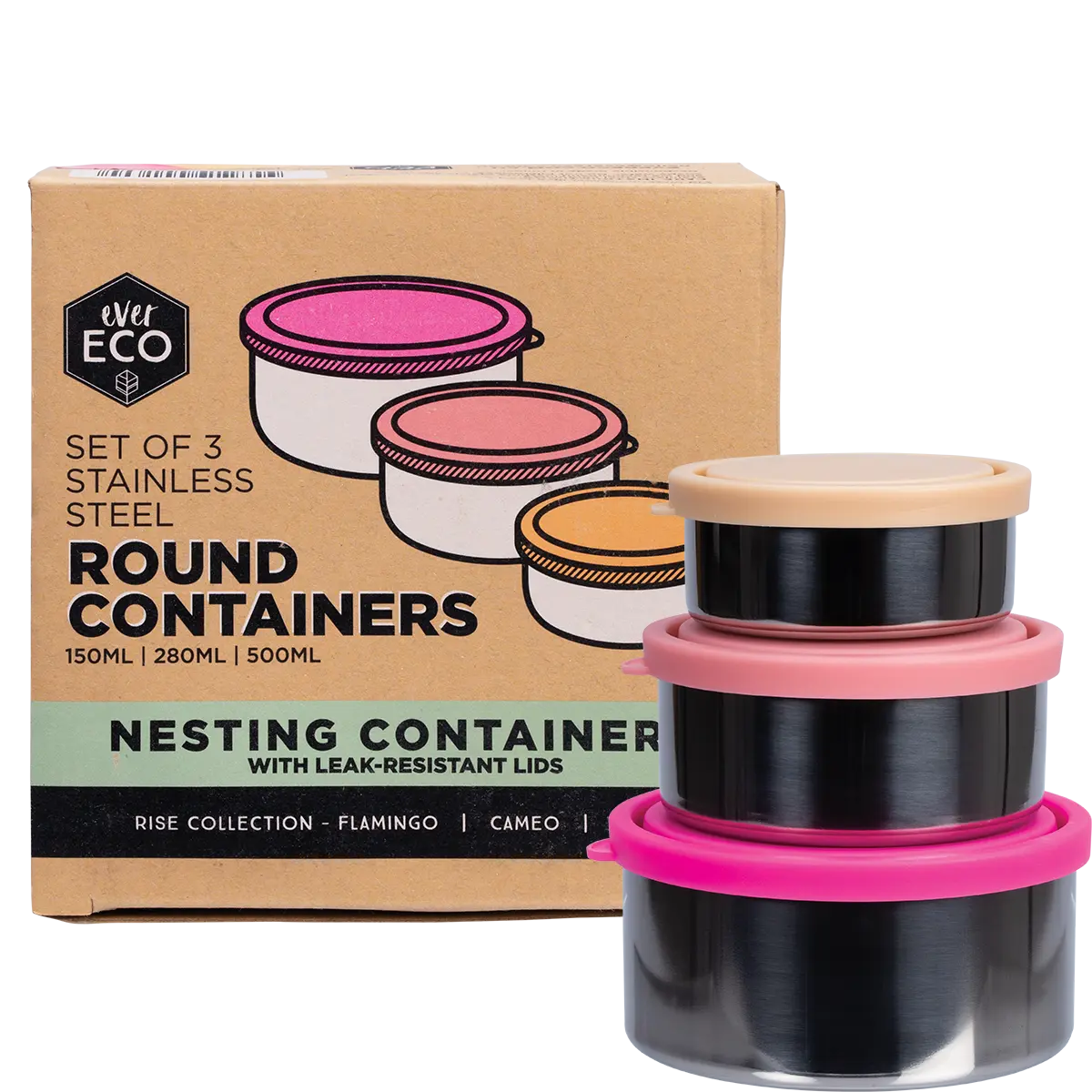 Ever Eco Stainless Steel Round Nesting Containers Leak Resistant 3pk — front pack image (UHP)