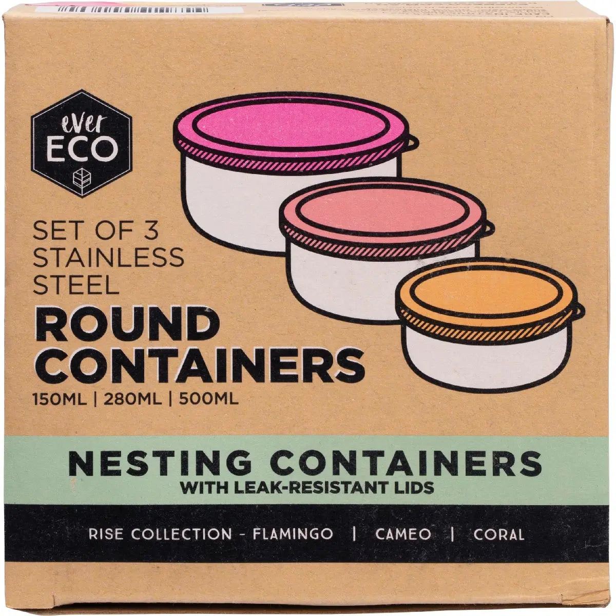 Ever Eco Stainless Steel Round Nesting Containers Leak Resistant 3pk