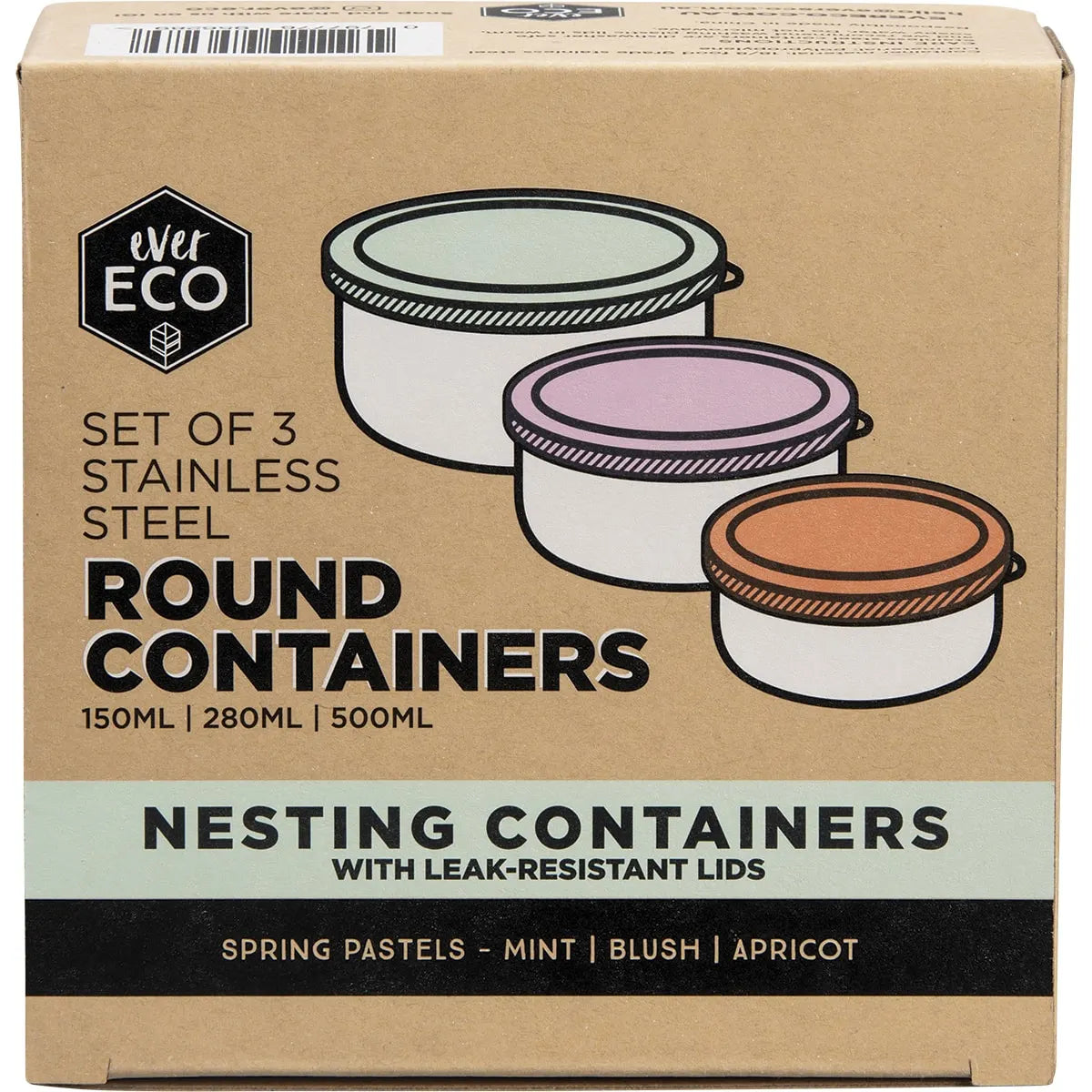 Ever Eco Stainless Steel Round Nesting Containers Leak Resistant 3pk