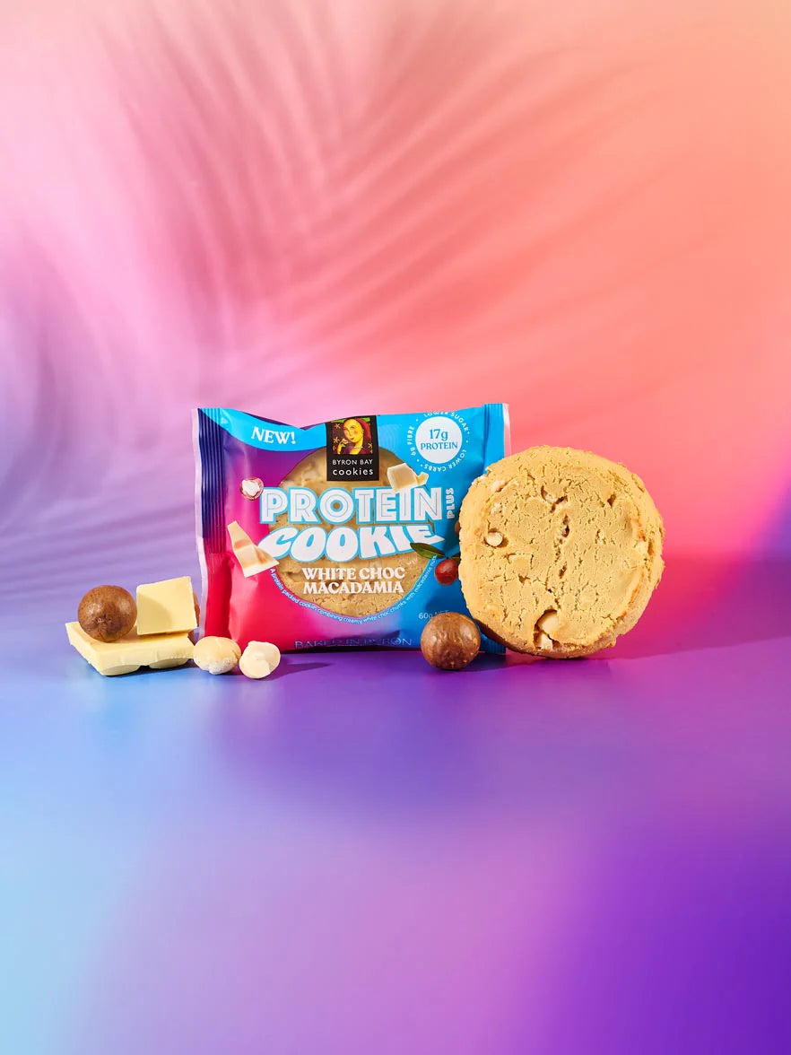 Byron Bay Cookie Company Protein Cookie White Choc Macadamia 12x60g Byron Bay Cookies