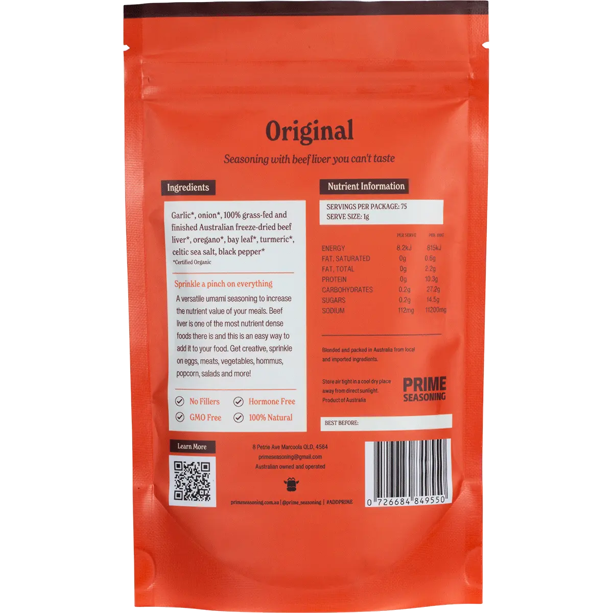Prime Seasoning Organic Original Seasoning with Beef Liver 75g — back pack image (UHP)
