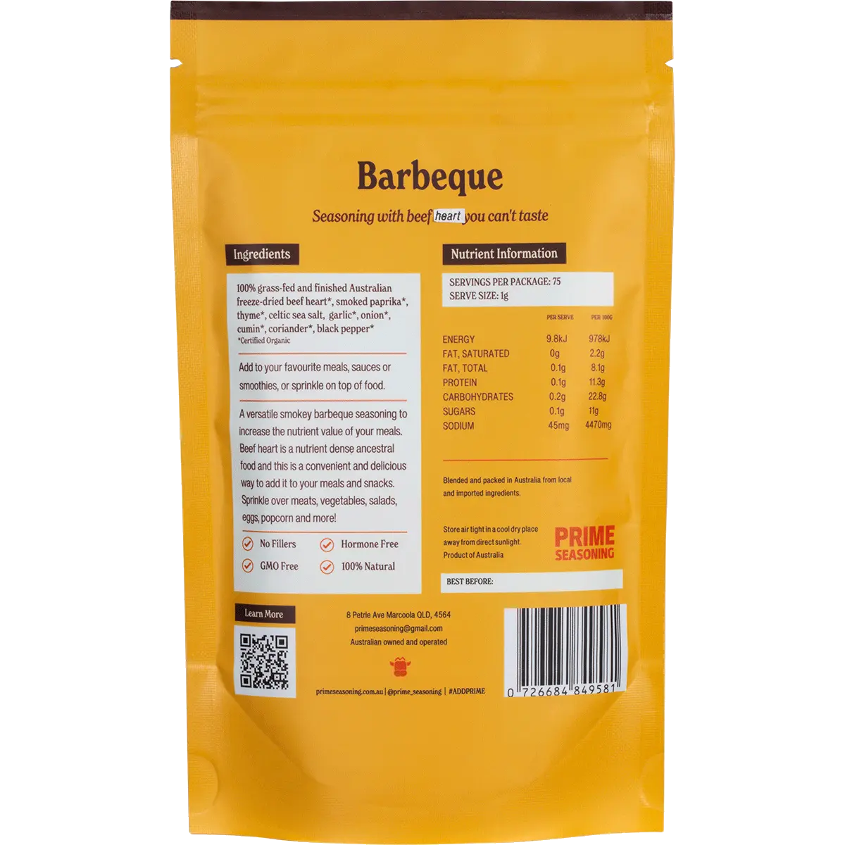 Prime Seasoning Organic Barbeque Seasoning with Beef Heart 75g — back pack image (UHP)