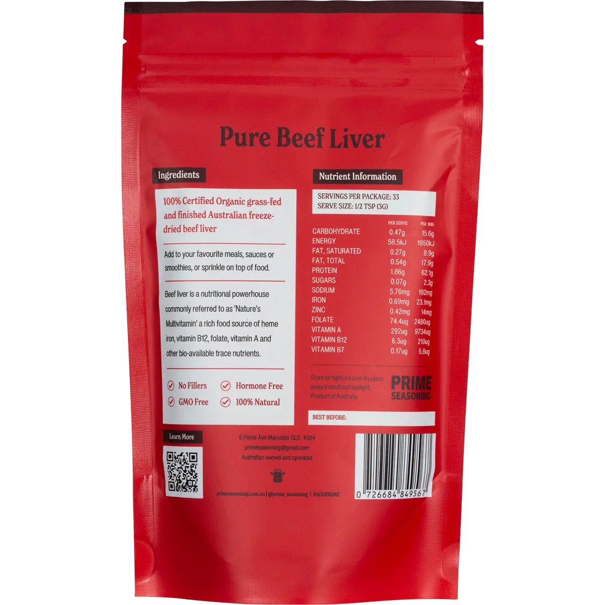 Prime Seasoning Organic Pure Freeze Dried Beef Liver Powder 100g — back pack image (UHP)