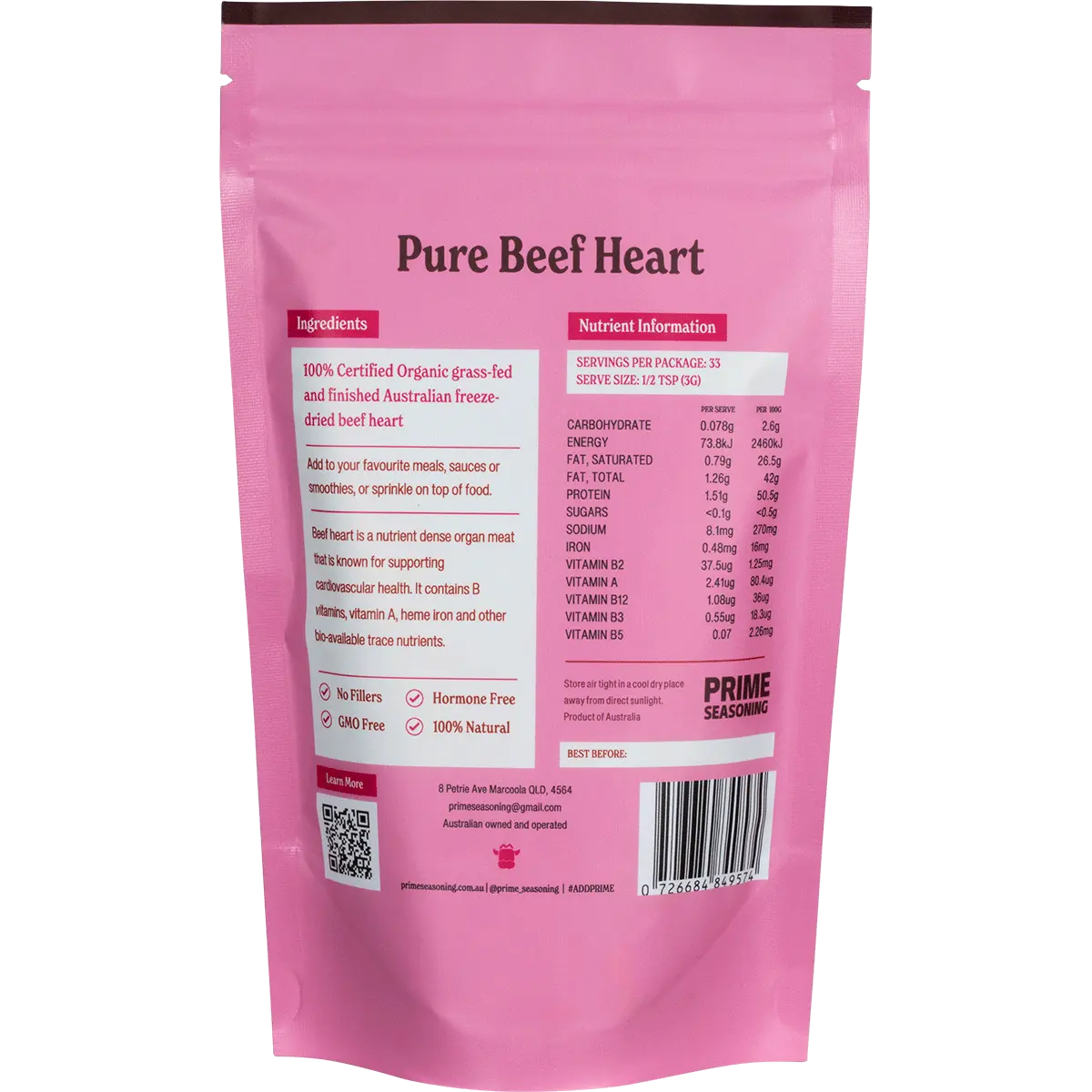 Prime Seasoning Organic Pure Freeze Dried Beef Heart Powder 100g — back pack image (UHP)