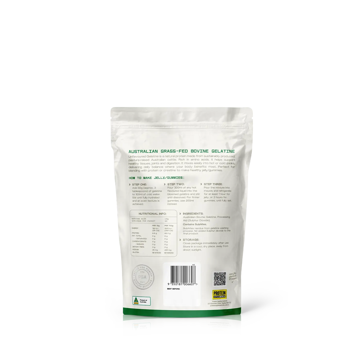 Protein Supplies Australia Australian Gelatine Unflavoured 300g — back product image