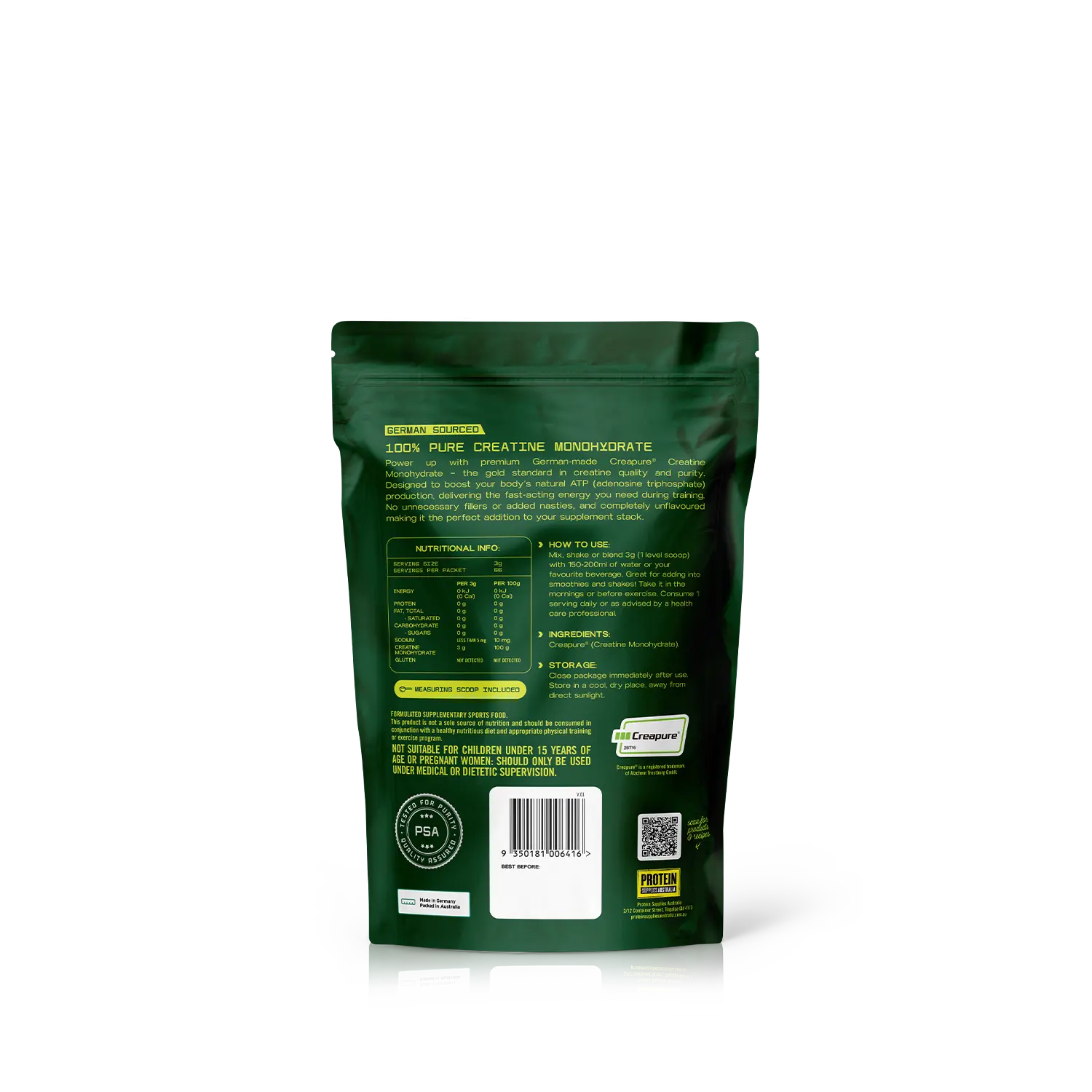 Protein Supplies Australia German Sourced Creapure Creatine Unflavoured 200g — back product image
