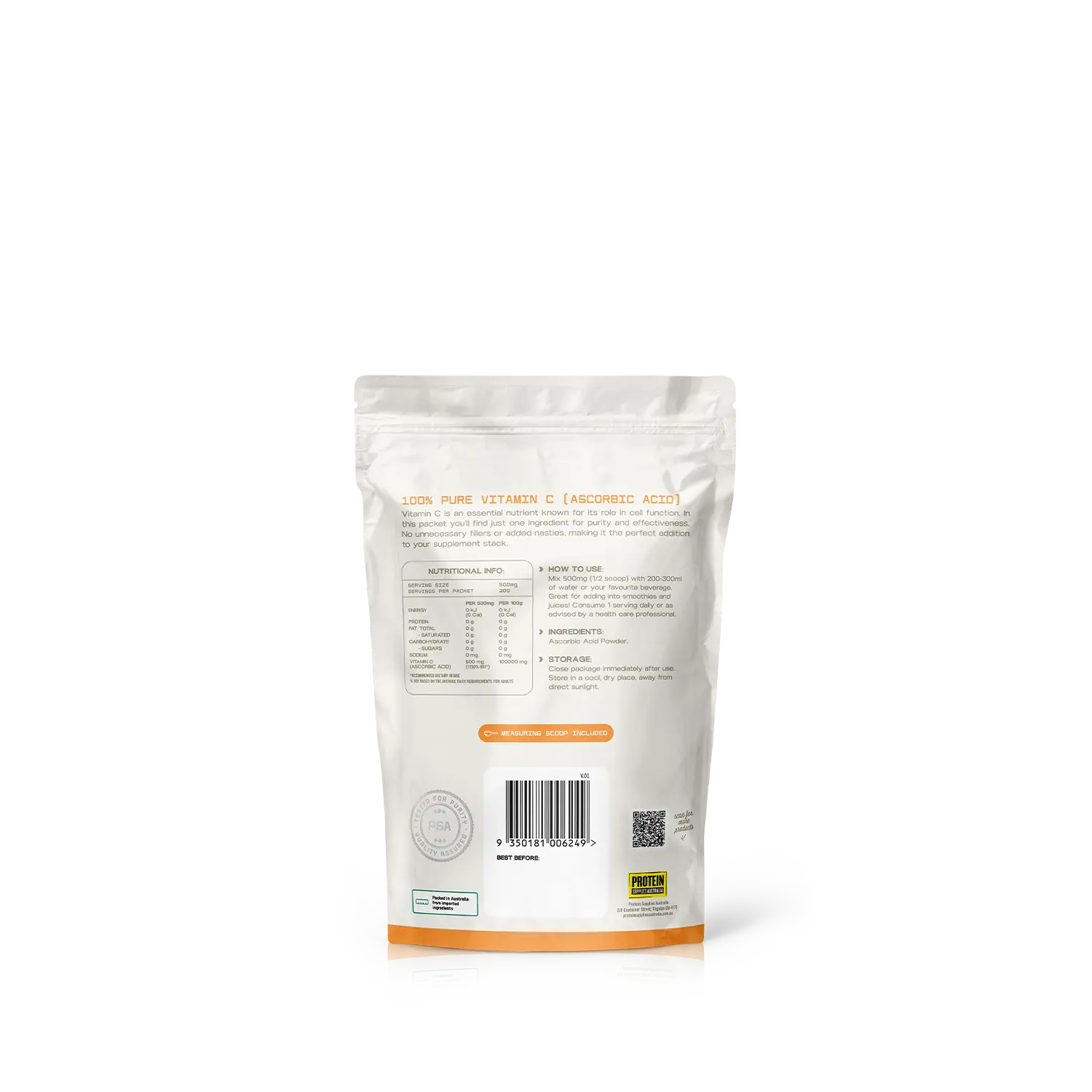 Protein Supplies Australia Vitamin C Unflavoured 100g — back product image