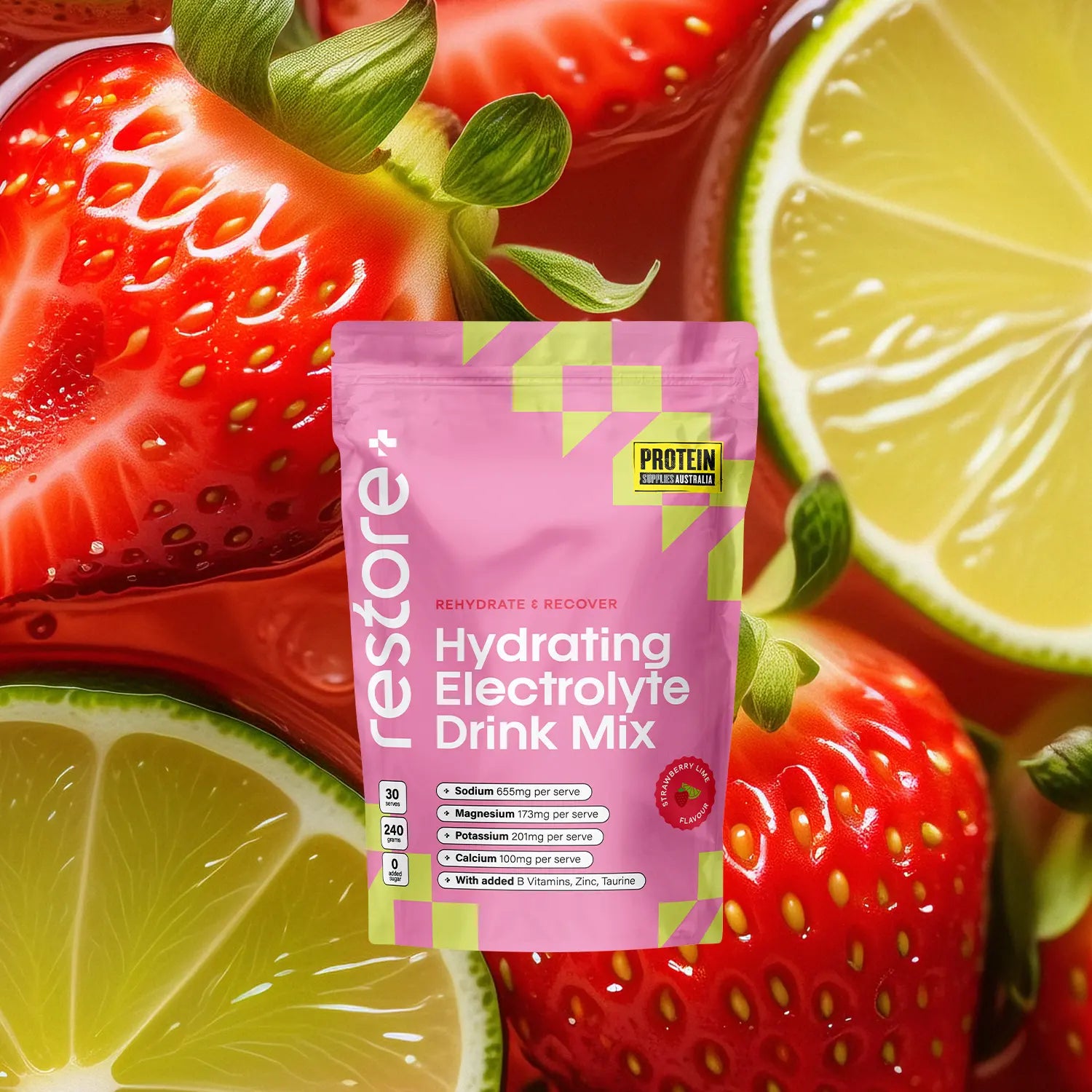 Protein Supplies Australia Restore Electrolyte Drink Mix Strawberry & Lime 240g — official styled product image