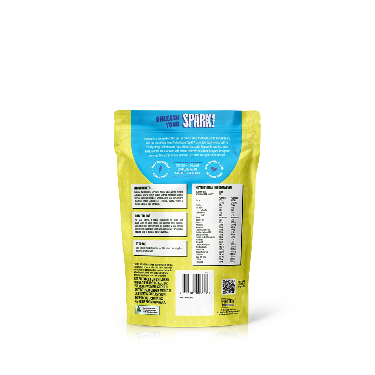 Protein Supplies Australia Spark Pre Workout Blue Raspberry 250g — back product image