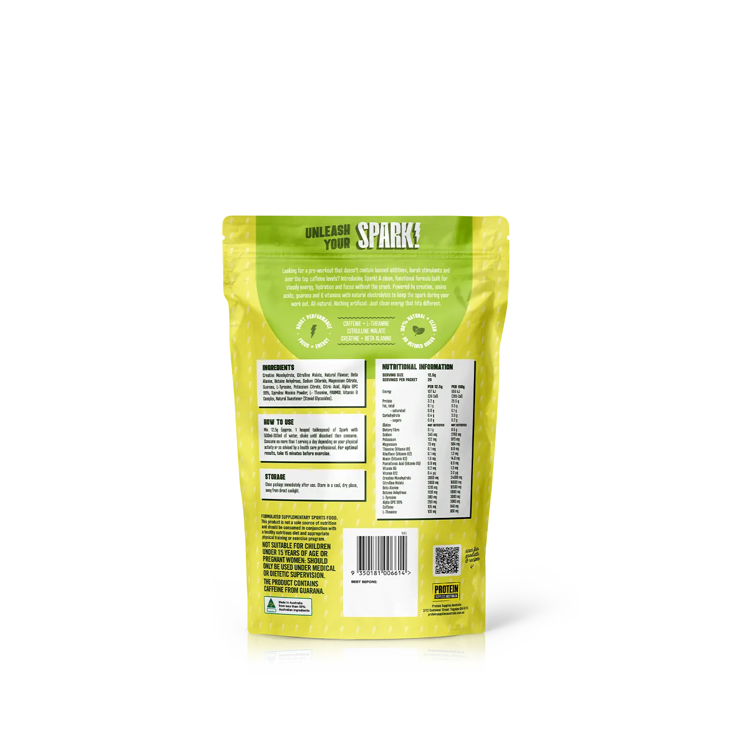 Protein Supplies Australia Spark Pre Workout Sour Apple 250g — back product image