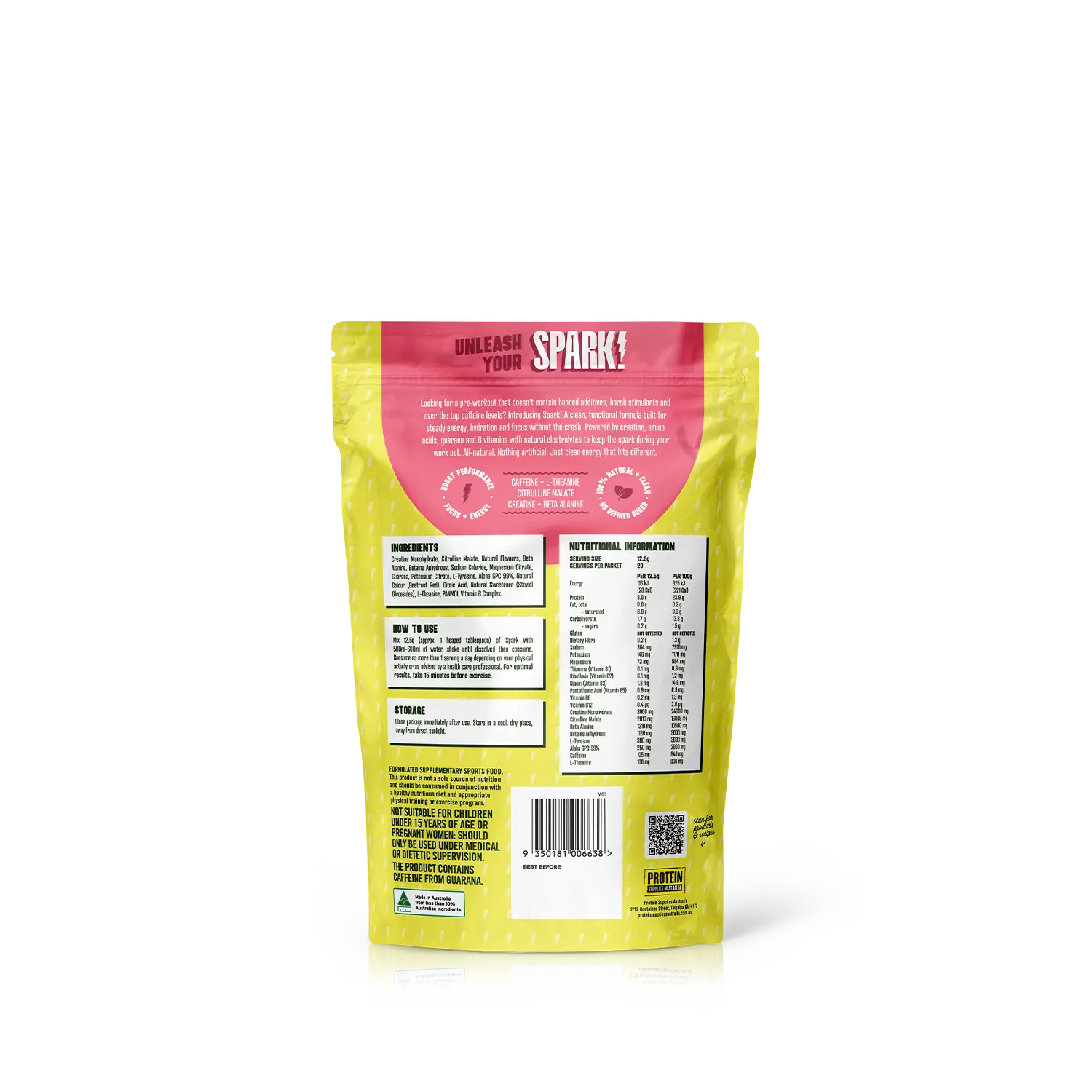 Protein Supplies Australia Spark Pre Workout Strawberry Lime 250g — back product image