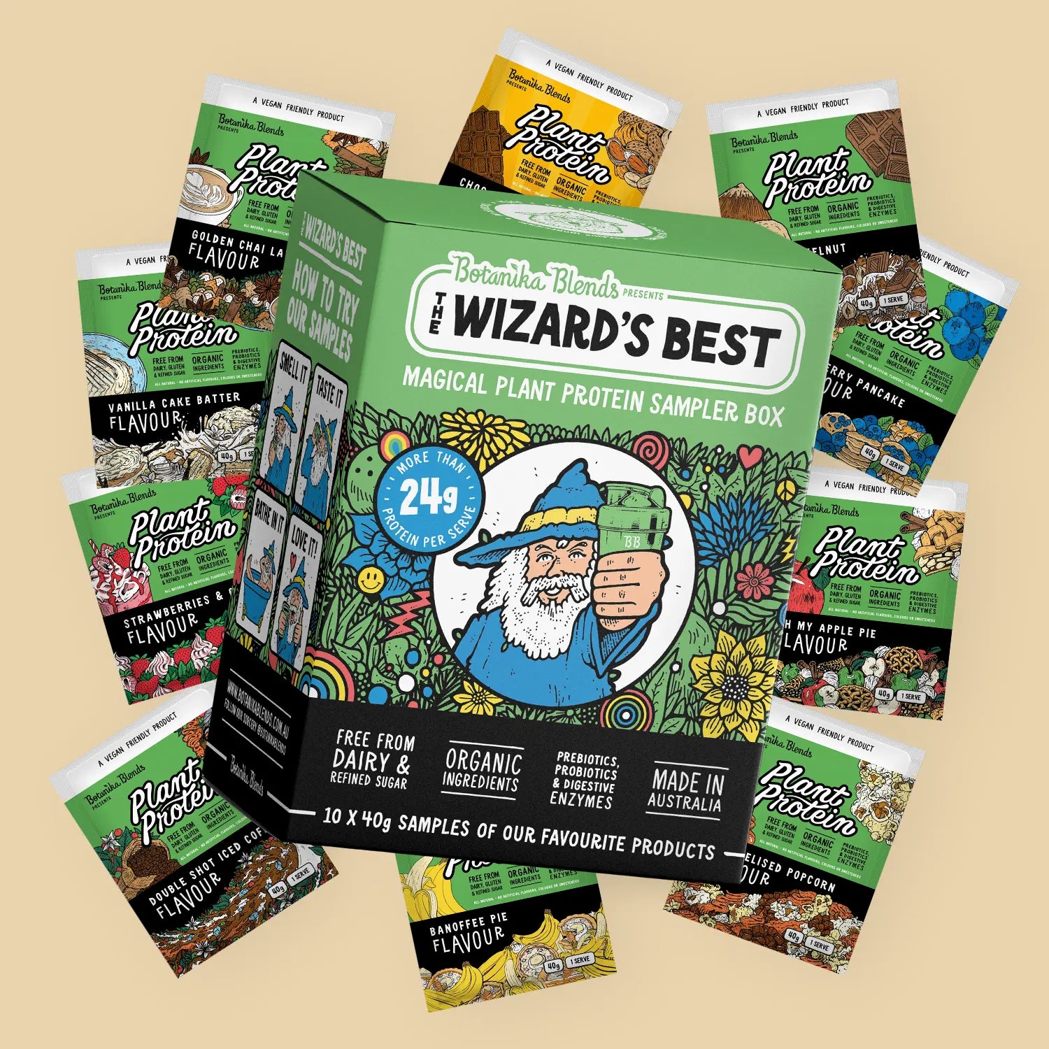 Botanika Blends The Wizard's Best Plant Protein Sampler Box 10x40g — official lifestyle / full range image