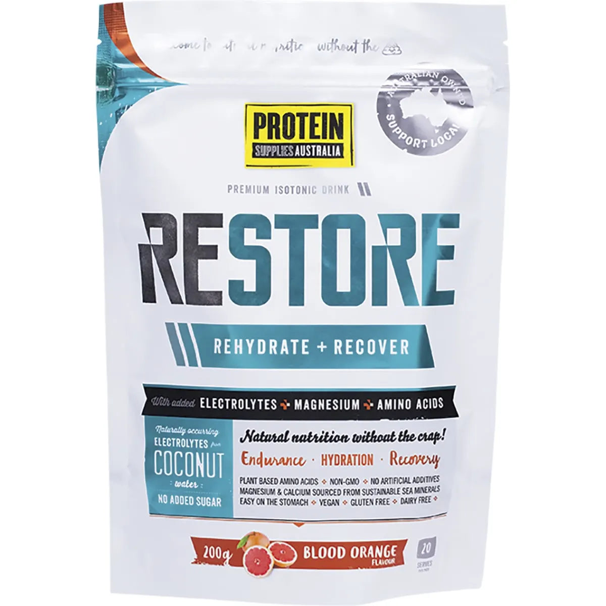 Protein Supplies Aust. Restore Hydration Recovery Drink Blood Orange 200G