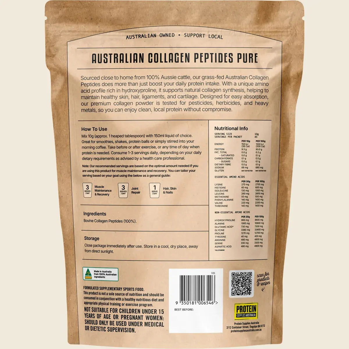 Protein Supplies Australia Australian Collagen Peptides Pure Unflavoured 450g Protein Supplies Aust.