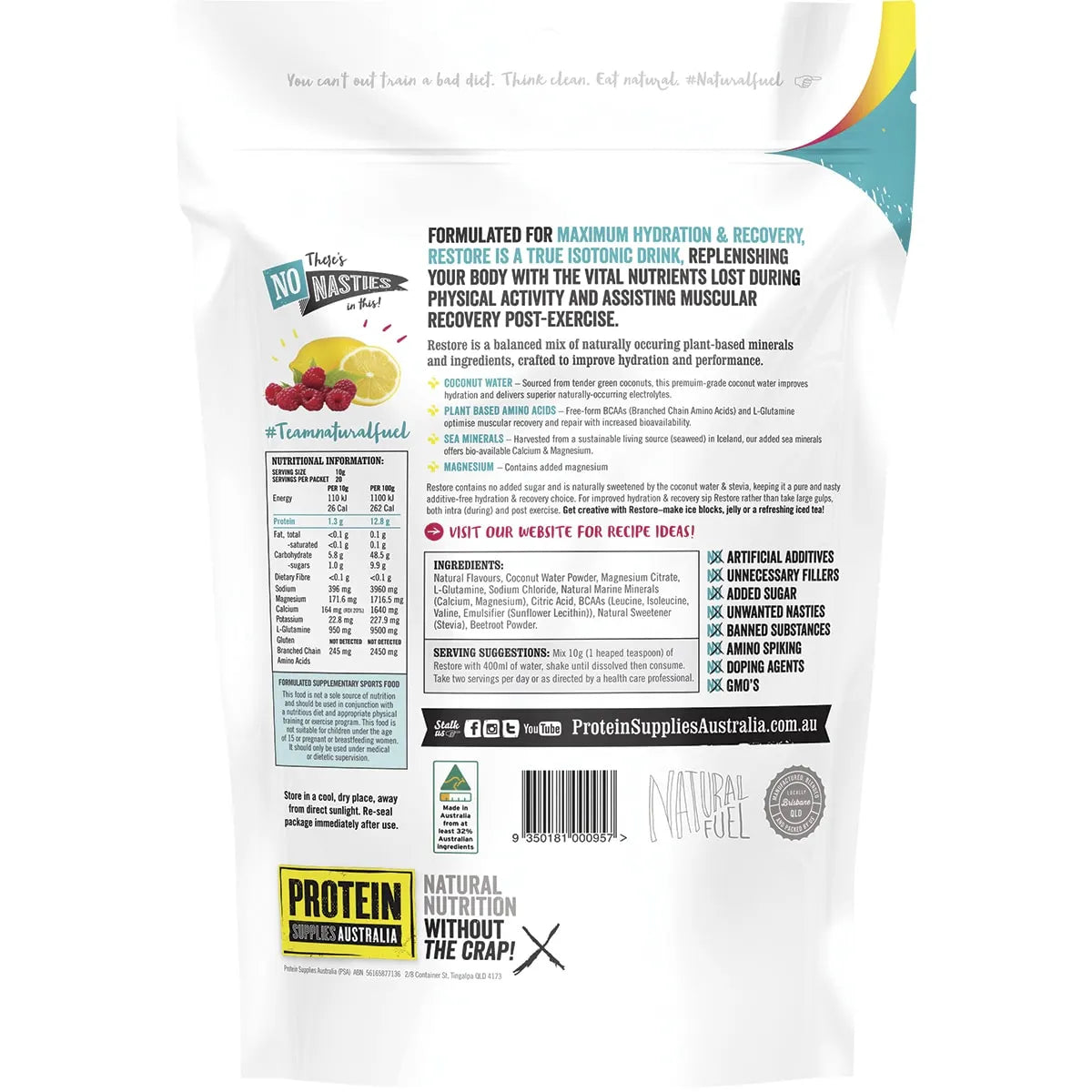 Protein Supplies Aust. Restore Hydration Recovery Drink Raspberry Lemonade