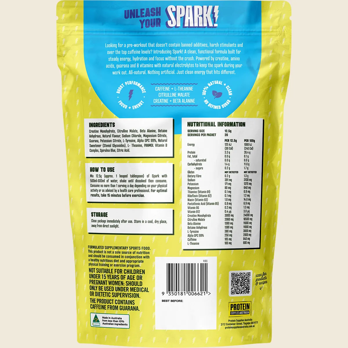 Protein Supplies Australia Spark Pre Workout Blue Raspberry 250g Protein Supplies Aust.