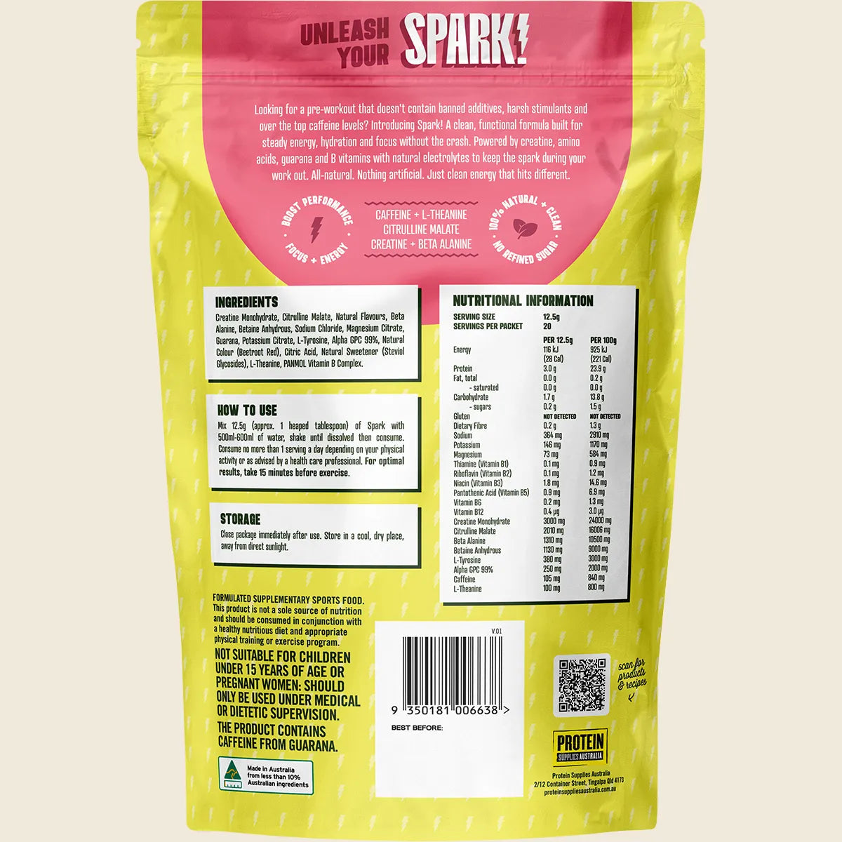 Protein Supplies Australia Spark Pre Workout Strawberry Lime 250g Protein Supplies Aust.