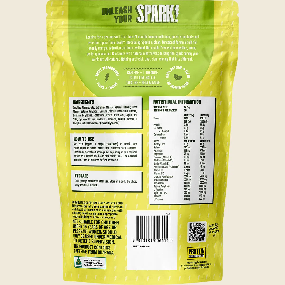 Protein Supplies Australia Spark Pre Workout Sour Apple 250g Protein Supplies Aust.