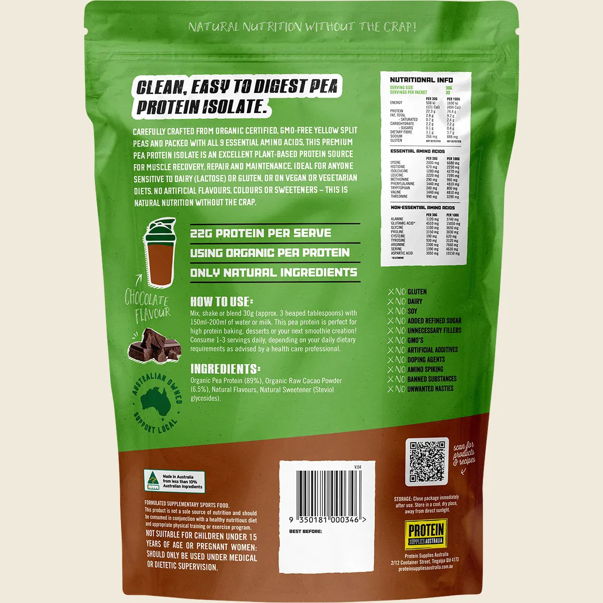 Protein Supplies Australia PeaPro (Raw Pea Protein) Chocolate Protein Supplies Aust.