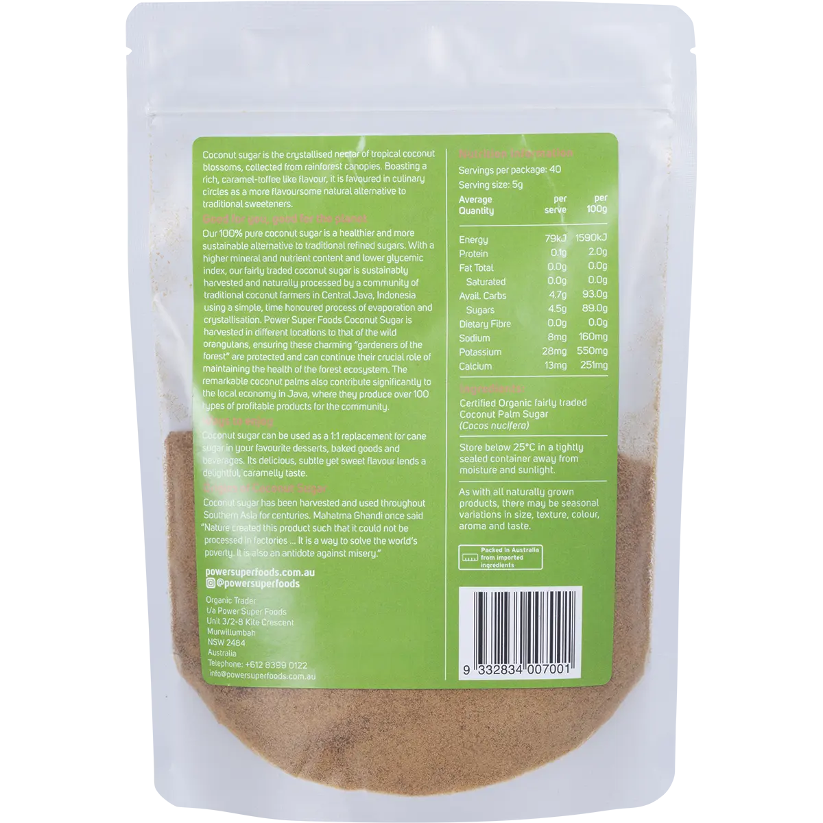 Power Super Foods Coconut Sugar Certified Organic 200g — back of pack and product information
