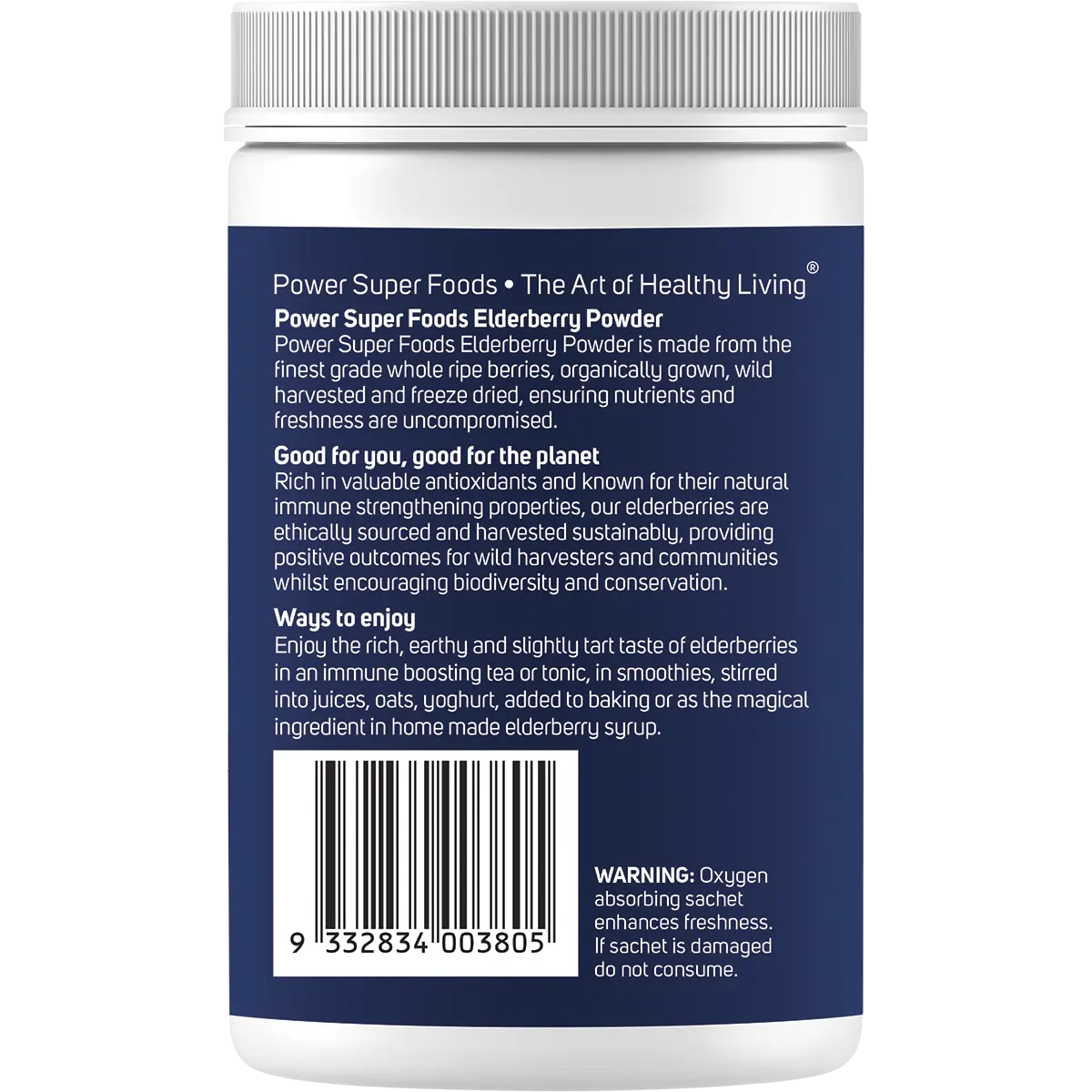 Power Super Foods Elderberry Powder Certified Organic 120g — back of pack and product information