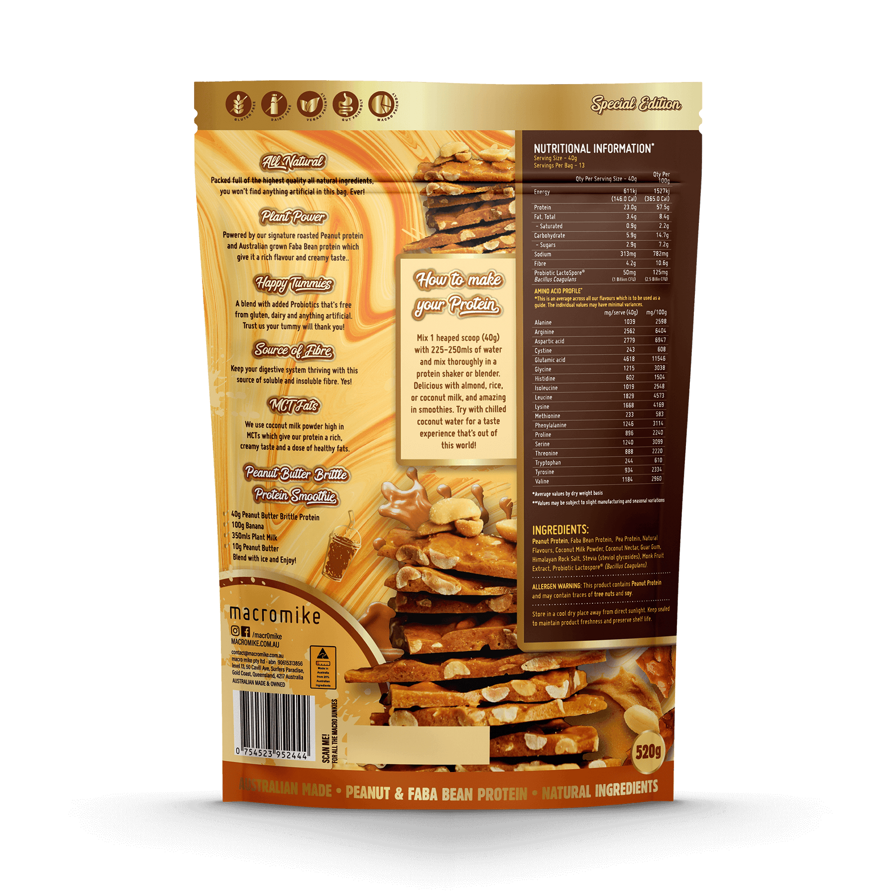 Macro Mike Peanut Plant Protein Peanut Butter Brittle 520g
