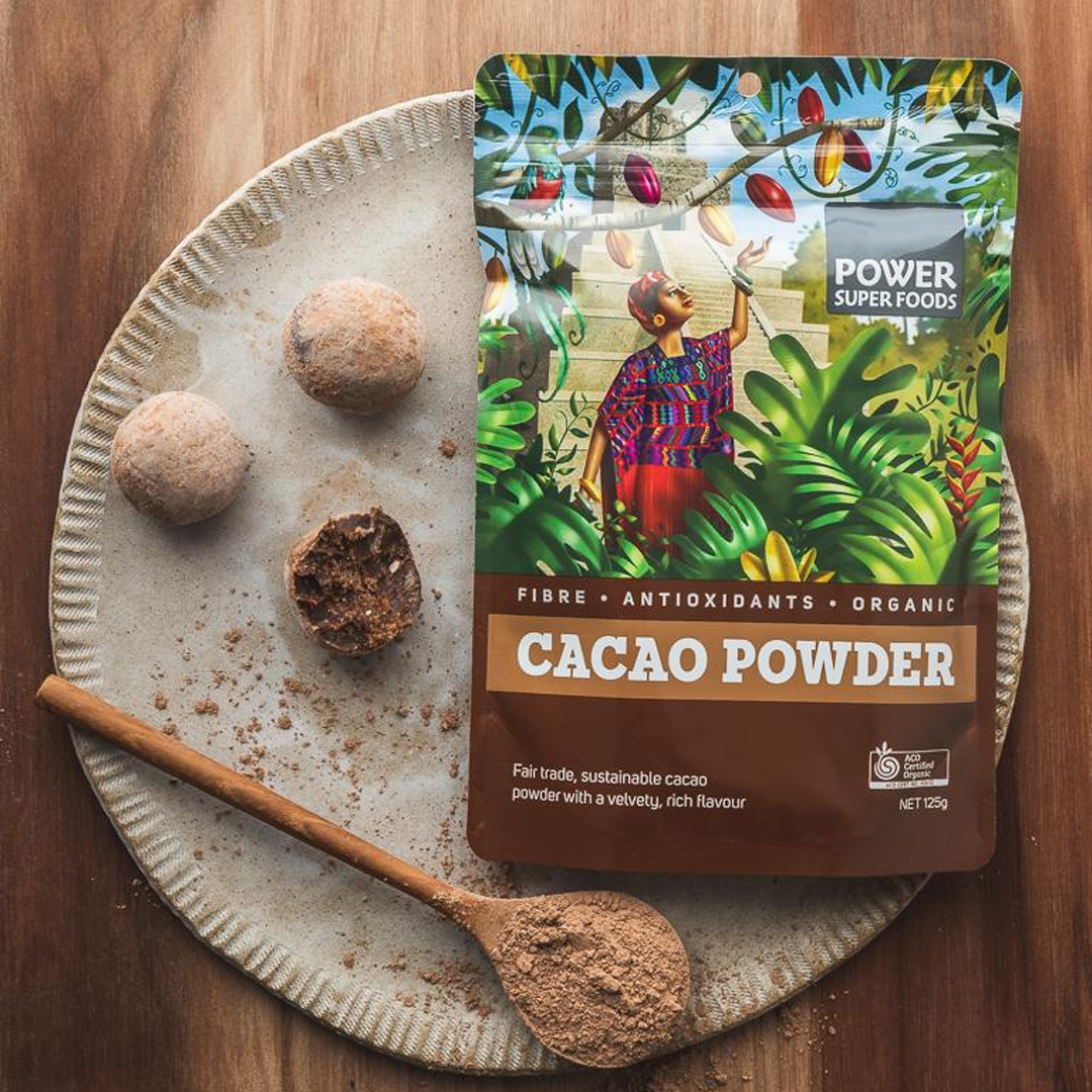 Power Super Foods Cacao Powder Origin — cacao balls and powder lifestyle image