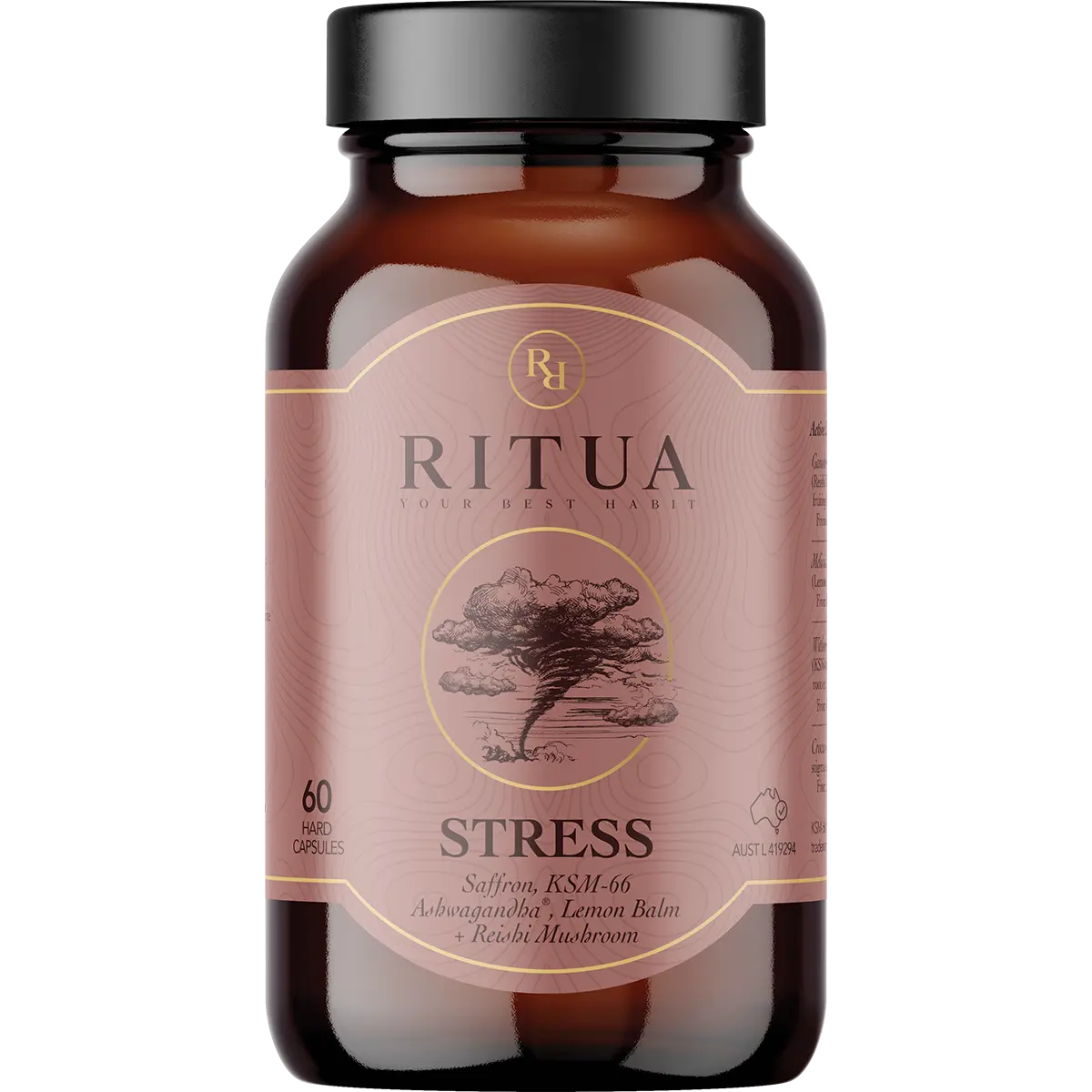 Ritua STRESS Saffron Ashwagandha Lemon Balm Reishi by Ritua (60 caps) — front pack image (UHP)
