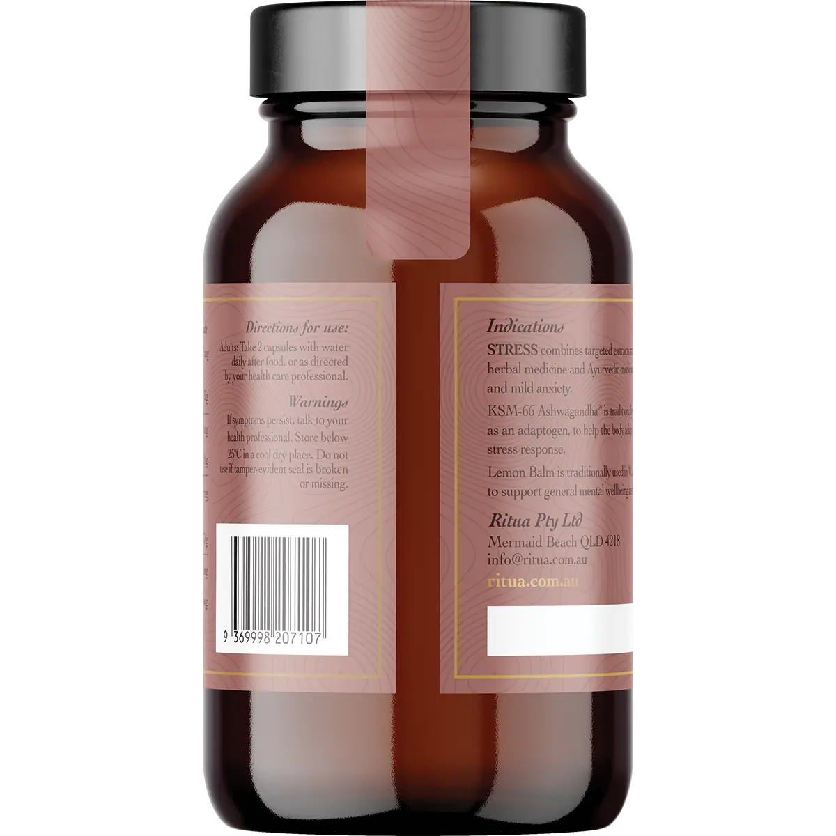 Ritua STRESS Saffron Ashwagandha Lemon Balm Reishi by Ritua (60 caps) — back pack image (UHP)