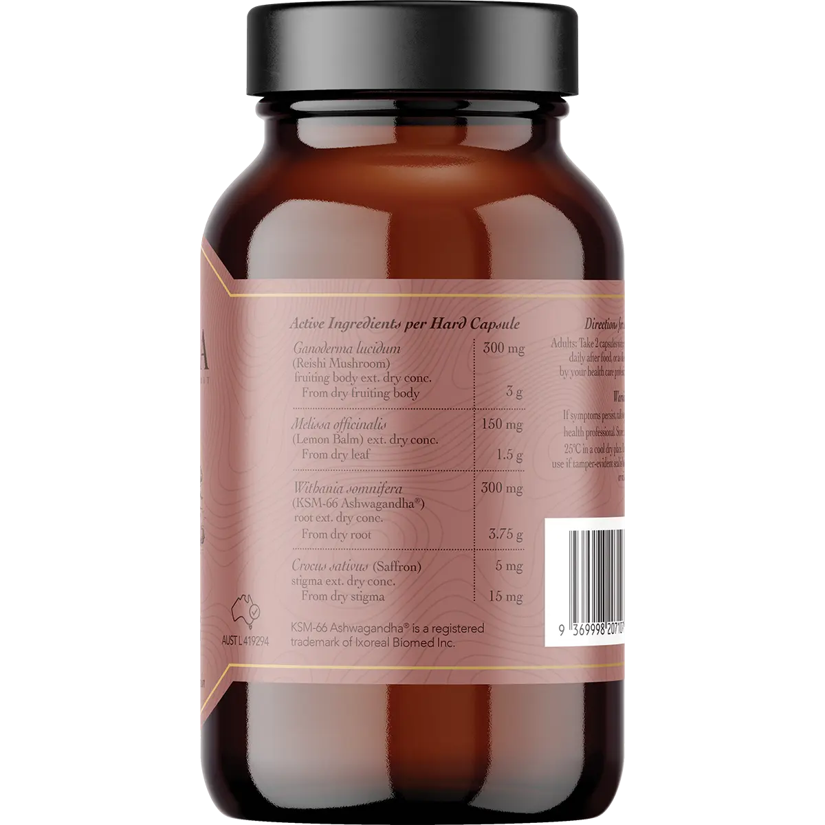 Ritua STRESS Saffron Ashwagandha Lemon Balm Reishi by Ritua (60 caps) — side pack image (UHP)