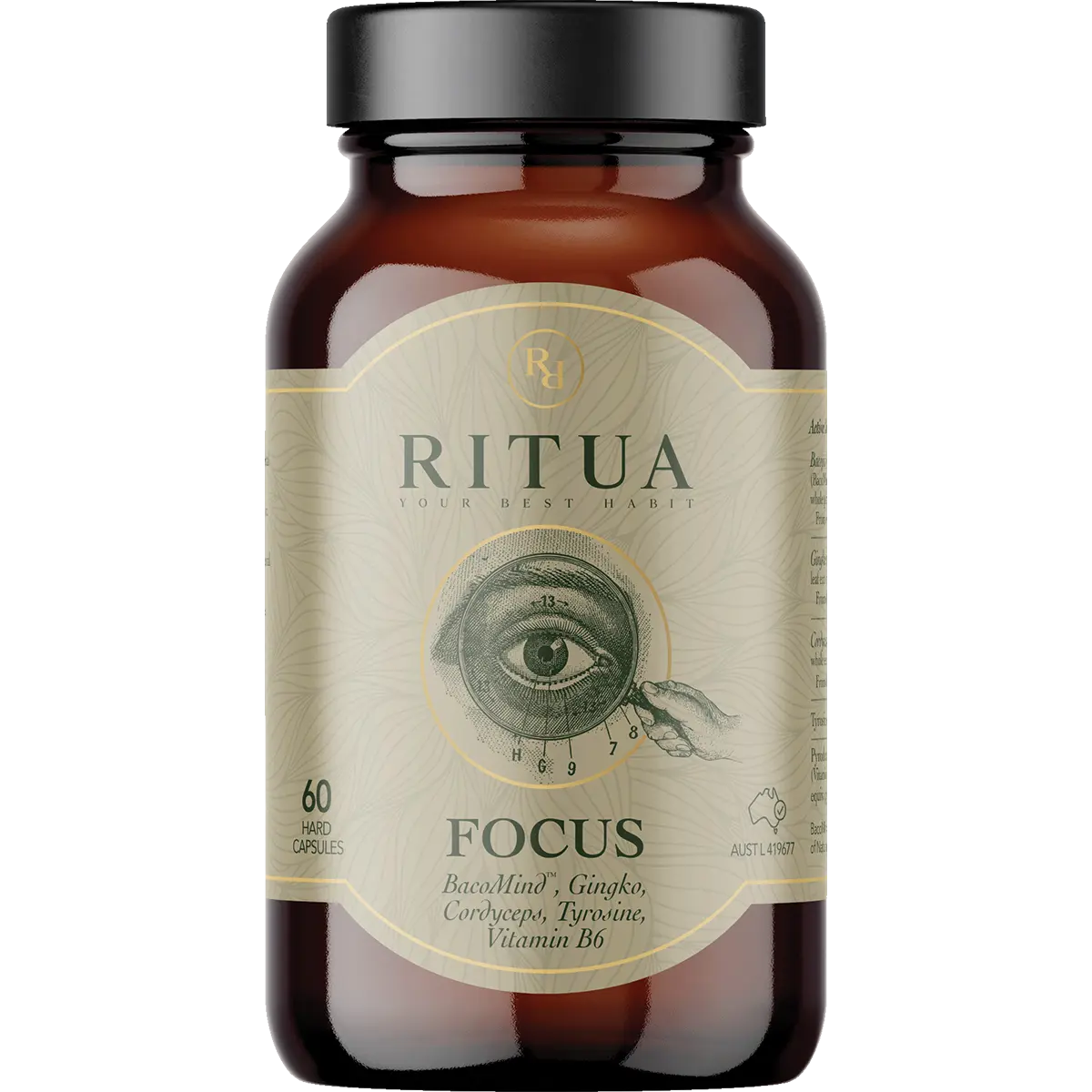 FOCUS BacoMind Ginko Cordyceps Tyrosine B6 by Ritua (60 caps) — front pack image (UHP)