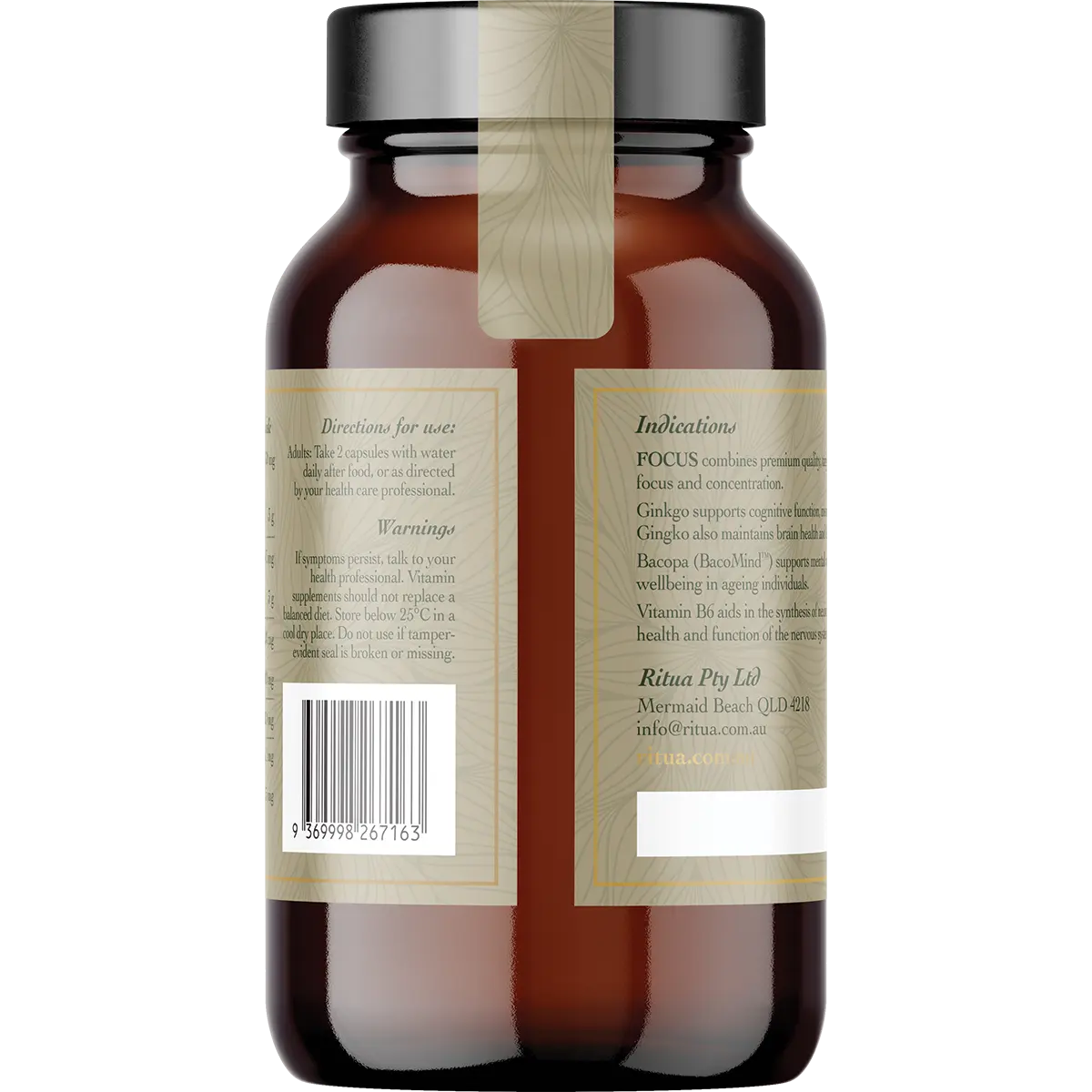 FOCUS BacoMind Ginko Cordyceps Tyrosine B6 by Ritua (60 caps) — side pack image (UHP)
