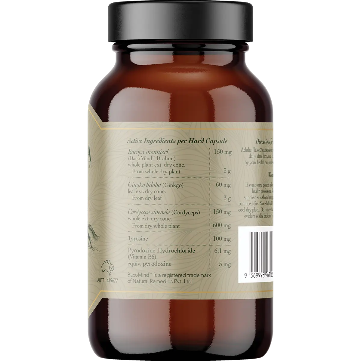 FOCUS BacoMind Ginko Cordyceps Tyrosine B6 by Ritua (60 caps) — side pack image (UHP)